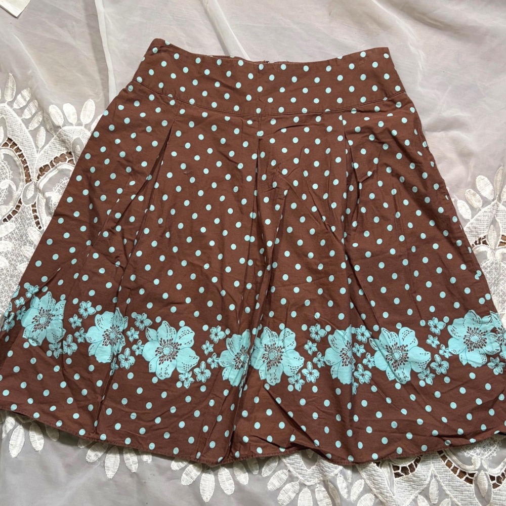 Y2K Cute Brown Teal Polka Dot Floral Border Print Pleated Cotton Skirt S